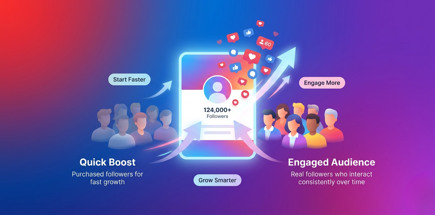 Infographic comparing the paths of purchased and real followers on a social media profile.