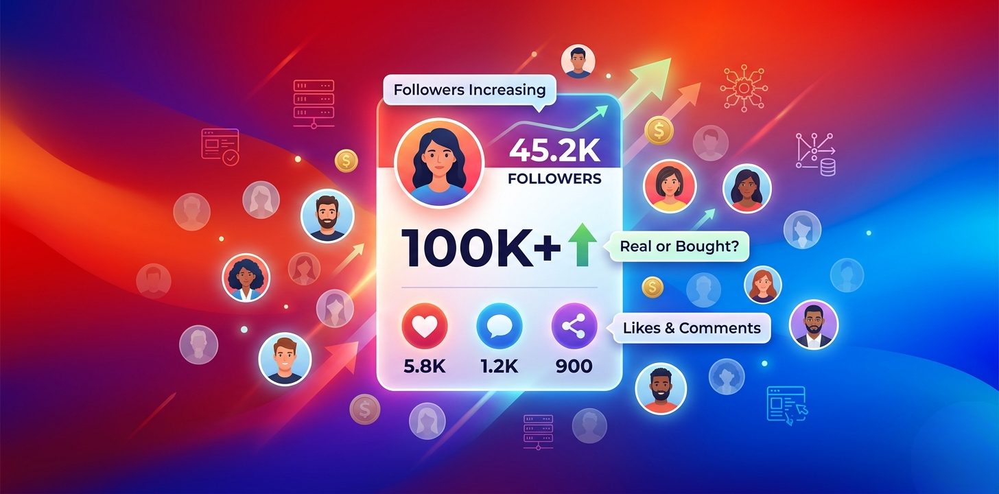 Infographic comparing sudden social media growth spikes and follower counts, highlighting visual cues and the dilemma of buying followers.