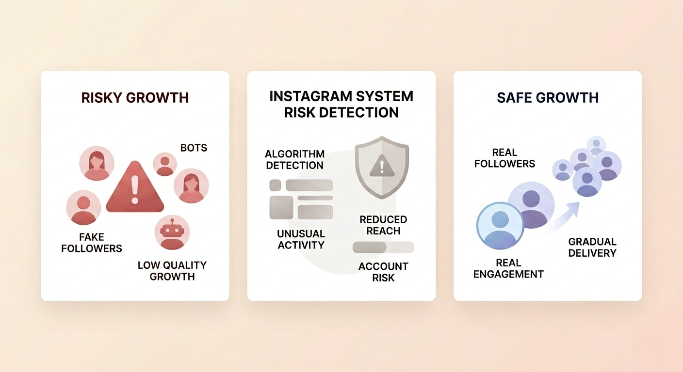 Modern infographic comparing risky and safe methods to buy Instagram followers through risk detection and organic growth visuals.