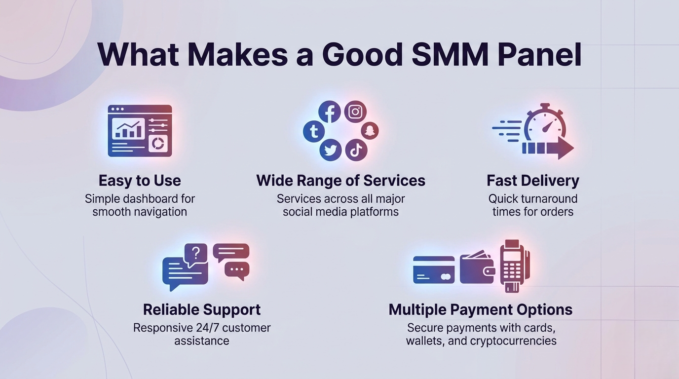 Clean, modern infographic outlining essential features of a high-quality SMM panel