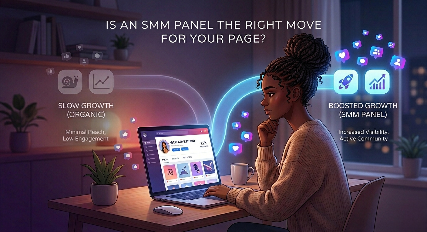 A woman in a modern home office thoughtfully considers social media growth strategies displayed through glowing digital graphics around her laptop.