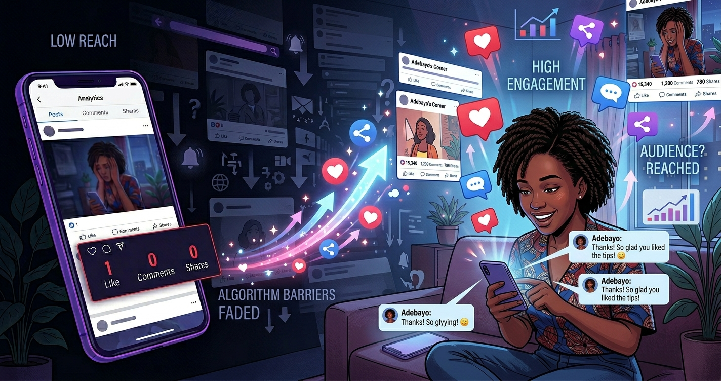 A Nigerian creator experiences a surge in social media visibility as engagement metrics transform from low reach to high interaction.