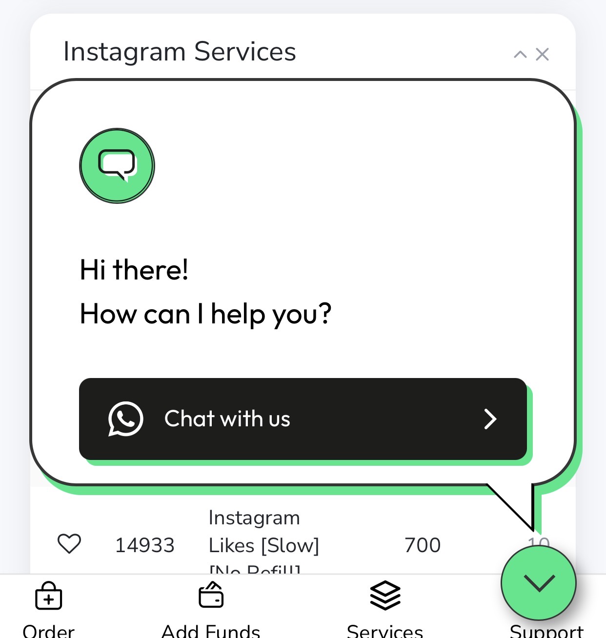 The WhatsApp support widget and chat icon on the Viral Vibe SMM panel for instant customer assistance.