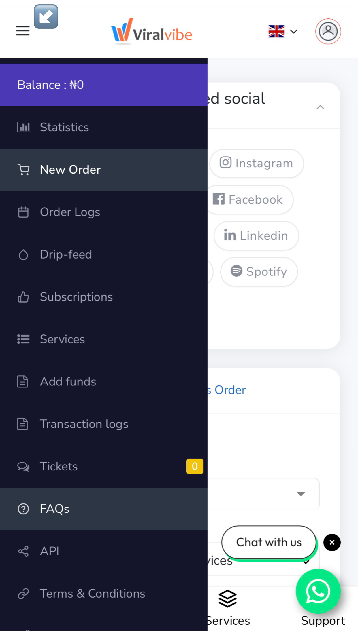 The main navigation menu bar for account management and services on the Viral Vibe.