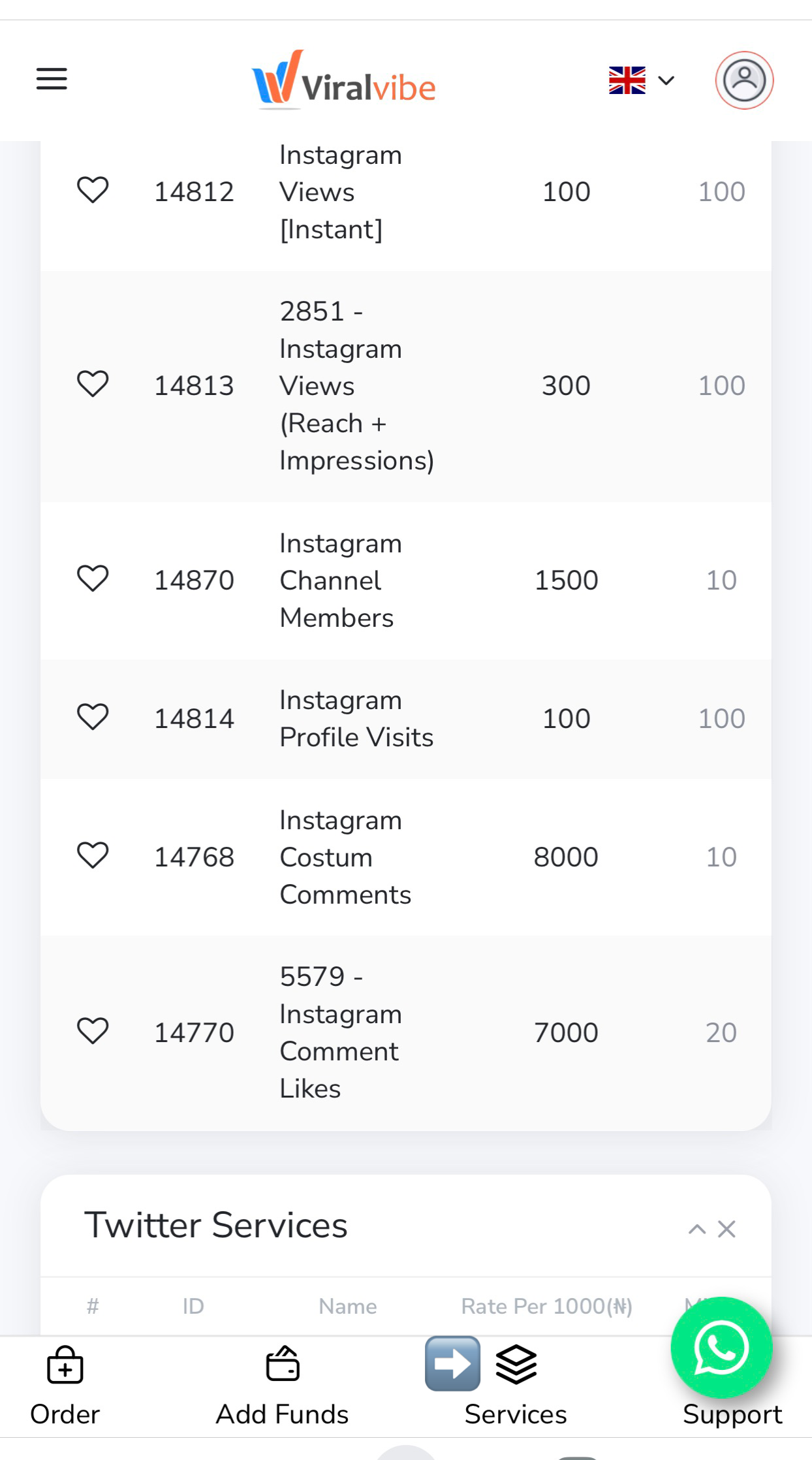 A snapshot of Instagram engagement and reach services available on the Viral Vibe SMM panel.