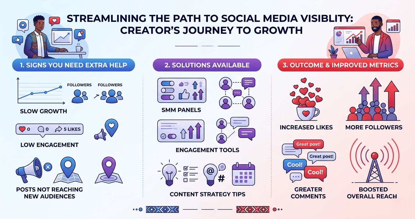 An infographic showcasing a creator's journey from stagnant social media growth to increased engagement and reach using SMM panels and strategic content tools.