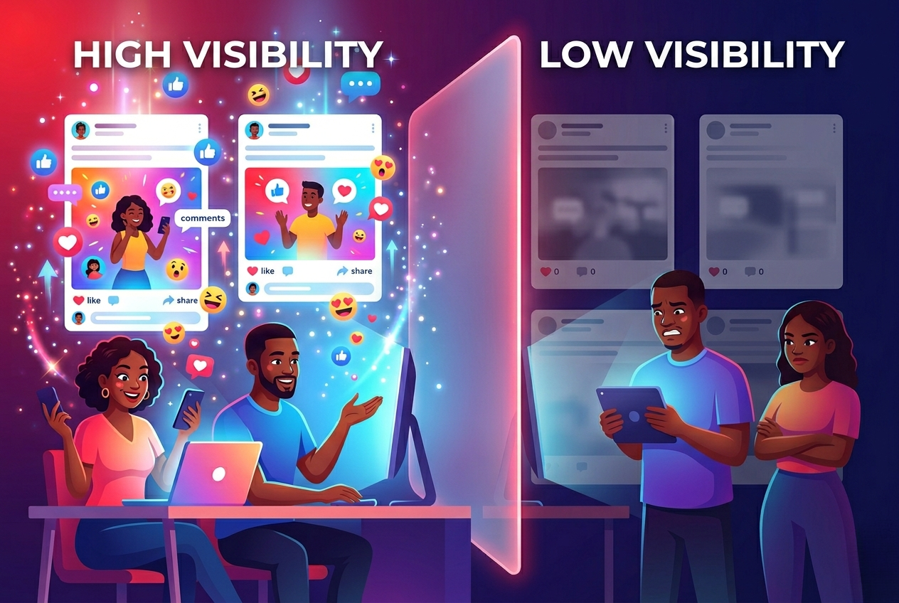 An illustration of Nigerian creators showing the contrast in social media visibility between high engagement and low reach.