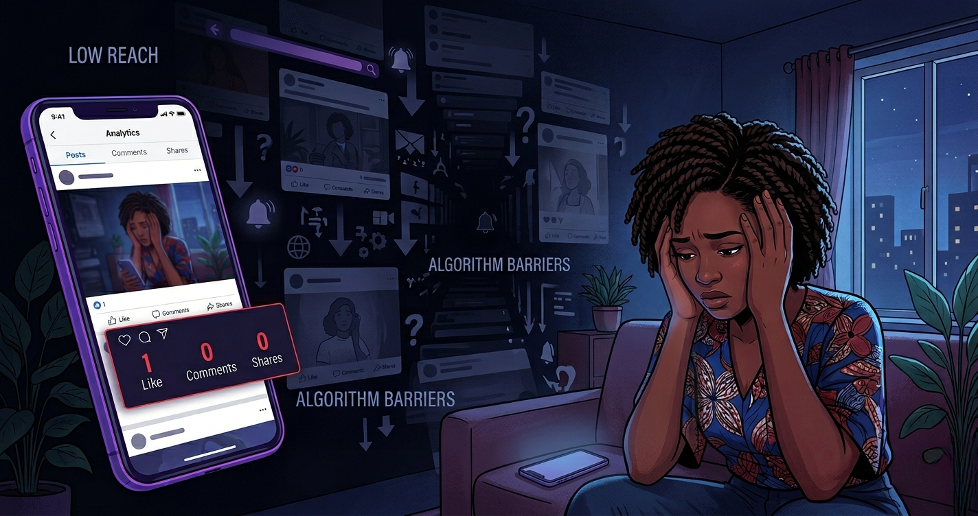 Frustrated Nigerian creator facing low social media visibility and engagement on a shadowed digital feed.